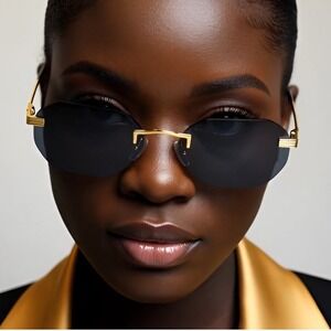 Rimless Sunglasses‎ Women Oval Gold Frame Fashion Trendy Designer Lentes Gafas